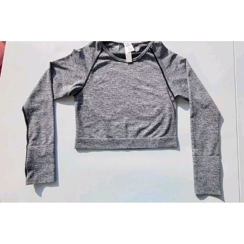 Victoria's Secret PINK Shirt Large Grey Crop Seamless Top Thumbholes, NWT